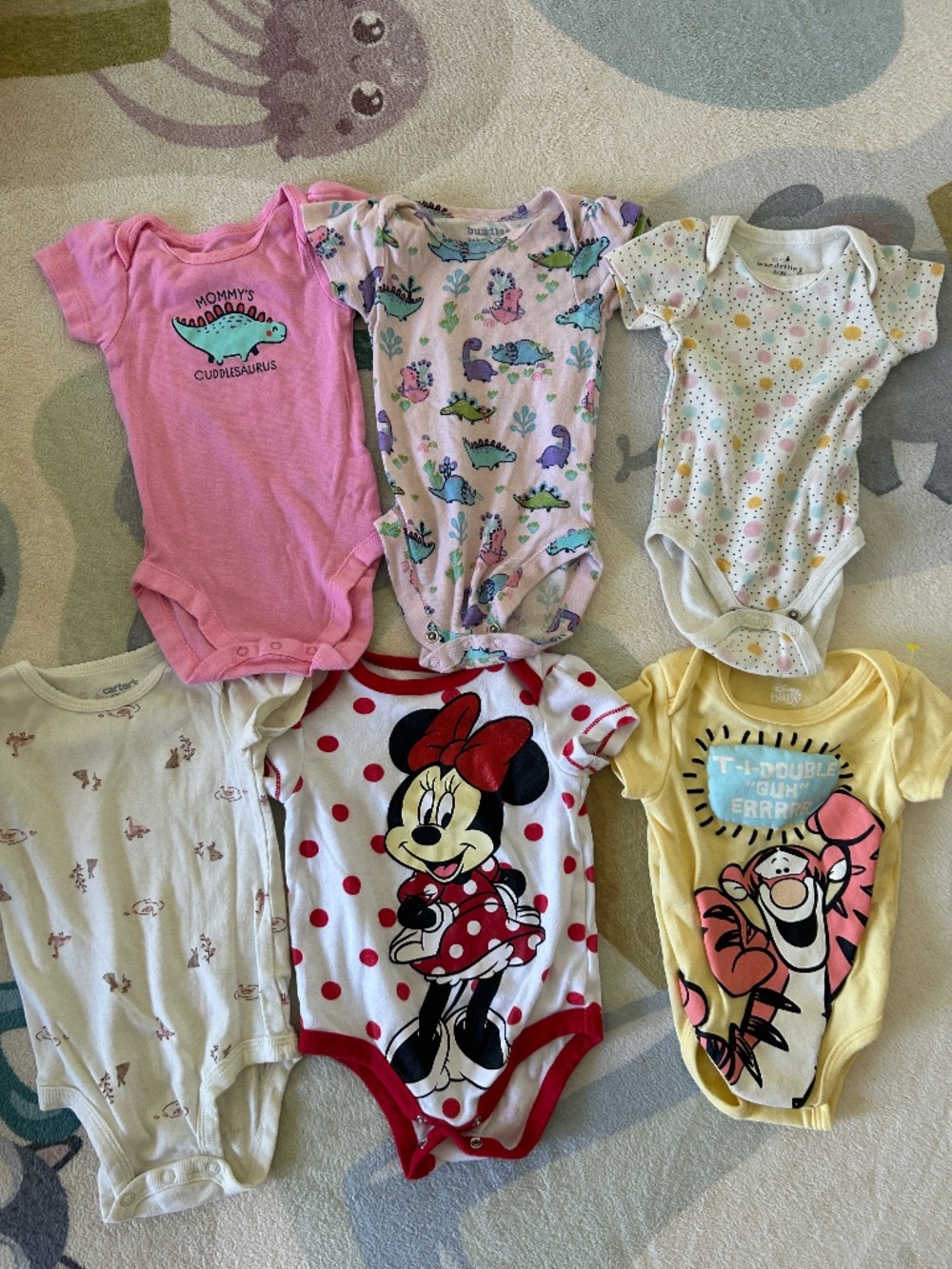 6 piece onesies bundle, brand Disney Baby, Bundles, and Carters. 6-9 month